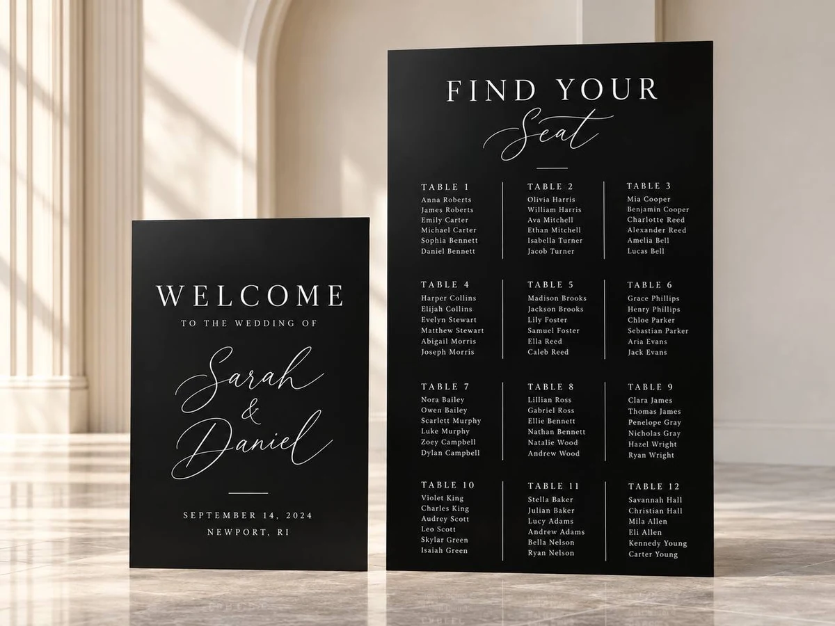 Black wedding seating chart and matching welcome sign
