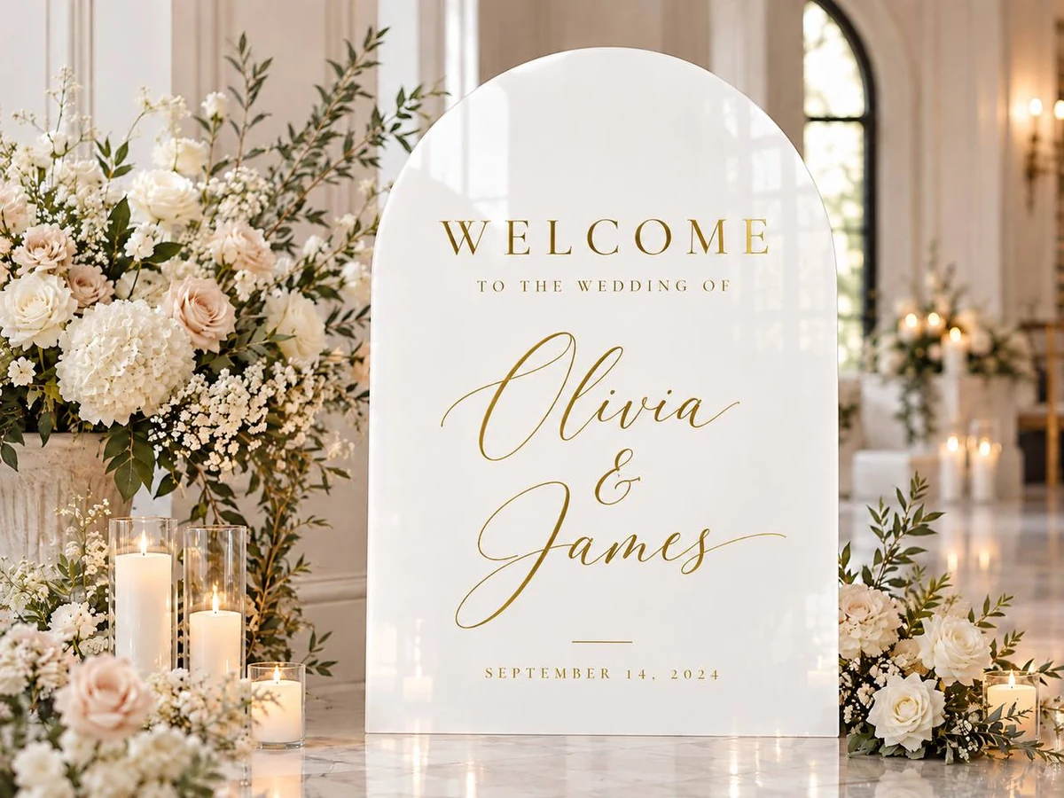 White arch wedding welcome sign with gold lettering