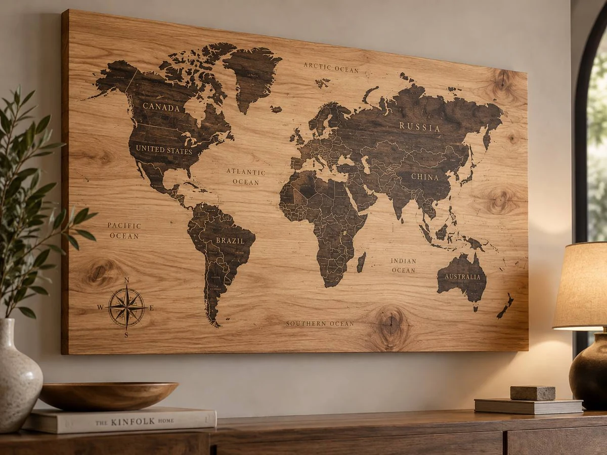World map printed on a wood panel