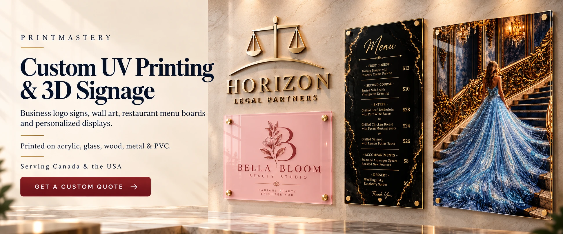 Custom UV Printing & 3D Signage. Business logo signs, wall art, restaurant menu boards and personalized displays. Printed on acrylic, glass, wood, metal and PVC. Serving Canada and the USA.