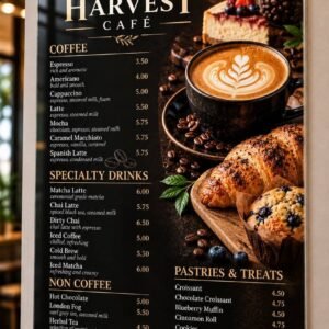 Illustrative acrylic café menu board with coffee and pastry photographs, black-and-gold artwork and standoff mounting.