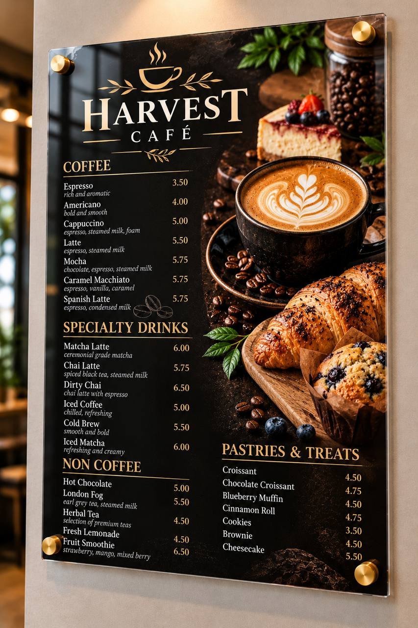 Illustrative acrylic café menu board with coffee and pastry photographs, black-and-gold artwork and standoff mounting.