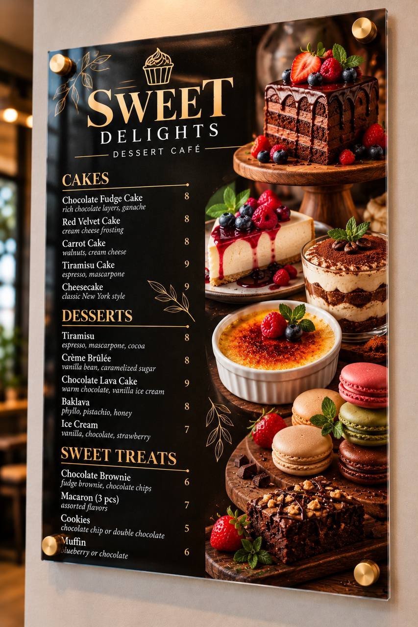 Illustrative acrylic dessert café menu board with cakes, macarons and dessert photographs and standoff mounting.