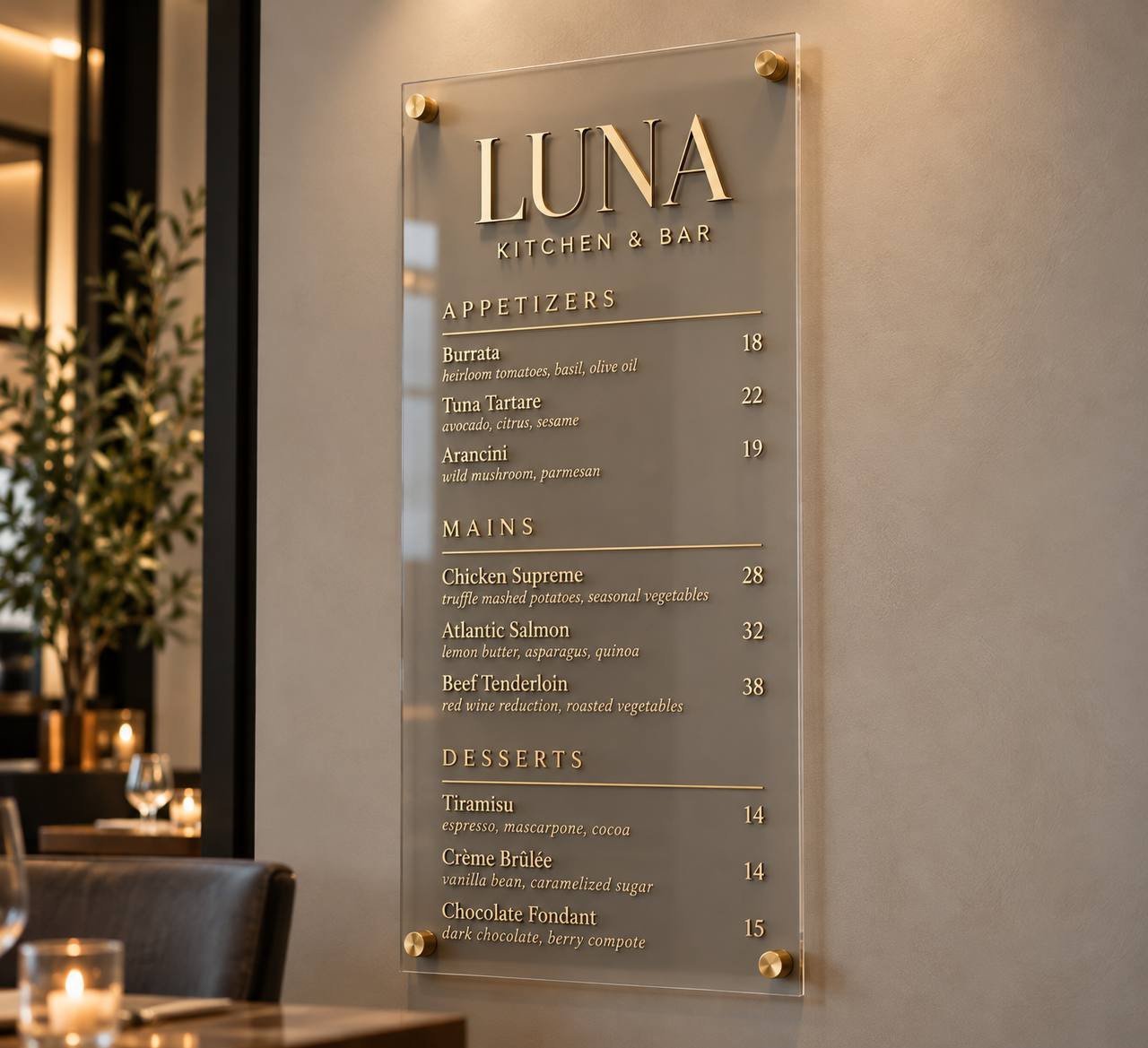 Illustrative clear-style restaurant menu board with gold-tone text and standoff mounting; final product uses flat UV printing.