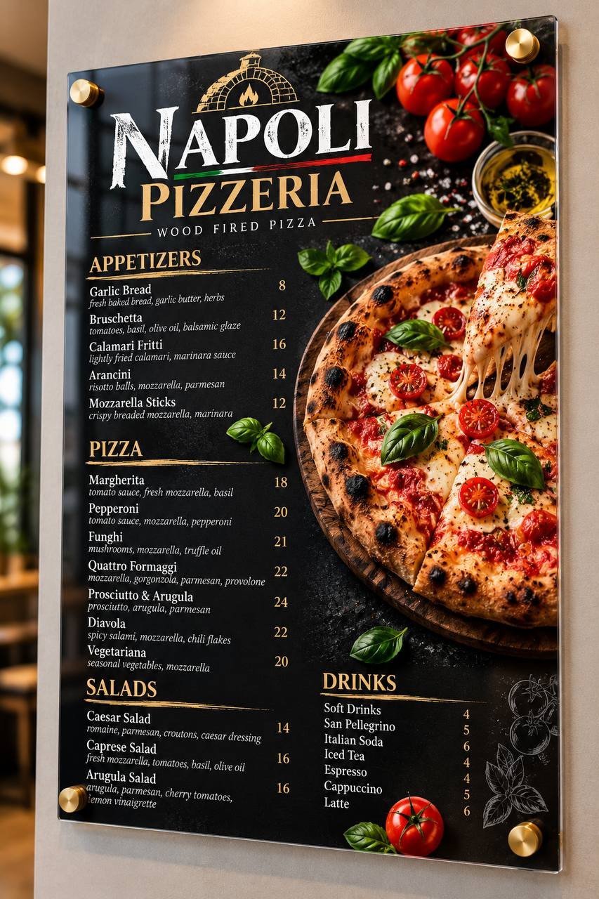 Illustrative acrylic pizza restaurant menu board with pizza photography, menu sections and standoff mounting.