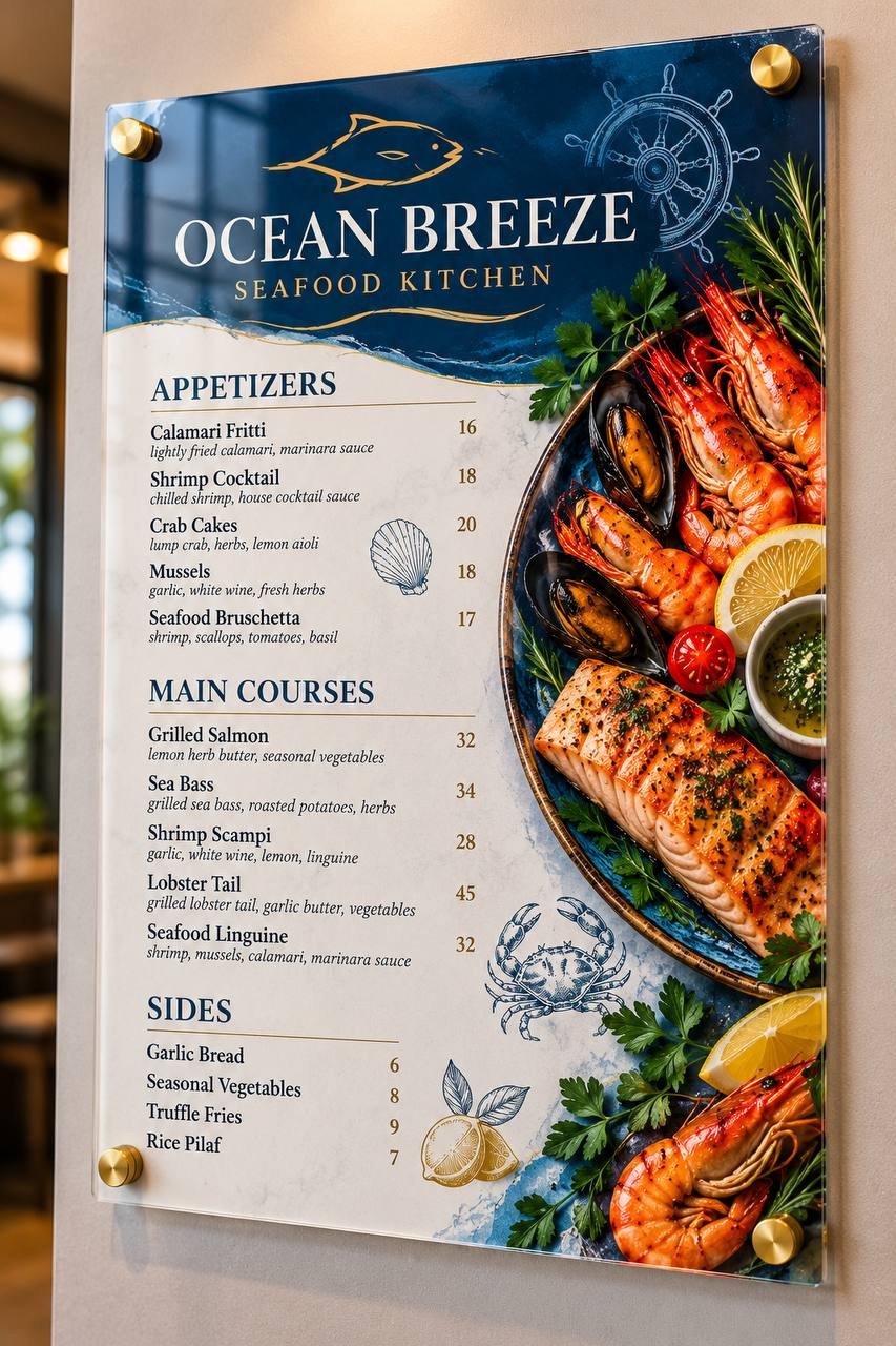 Illustrative blue-and-white acrylic seafood menu board with seafood photographs and standoff mounting.
