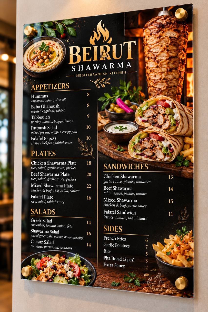 Illustrative acrylic shawarma menu board with wraps, grilled meat and salad photographs and standoff mounting.
