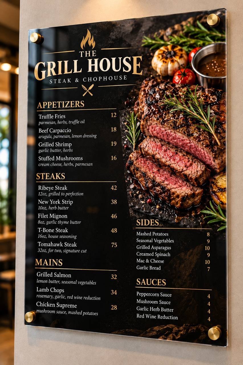 Illustrative acrylic steakhouse menu board with steak photography, black-and-gold artwork and standoff mounting.